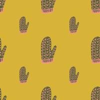 Minimalistic style winter seamless pattern with hand drawn grey and pink colored mittens. Yellow background. vector