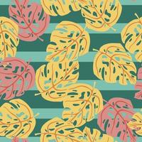 Seamless pattern with random monstera foliage exotic ornament in pink and orange tones. Striped background. vector