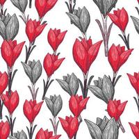 Scrapbook seamless pattern with red and grey outline crocus flowers print. White background. vector