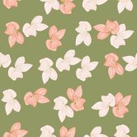 Bloom seamless pattern with pastel pink outline orchid flowers shapes. Green olive background. vector