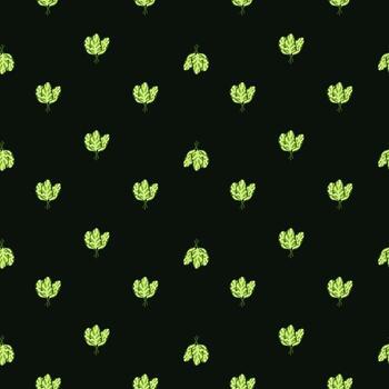 Seamless pattern bunch spinach salad on black background. Minimalistic ornament with lettuce. vector