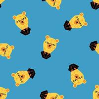 Bright kids seamless pattern with yellow doodle bear silhouettes with tuxedo and glasses. Blue background. vector