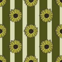 Seamless pattern sunflowers green strip background. Beautiful texture with sunflower and leaves. vector