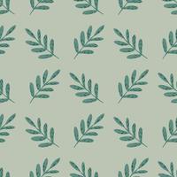 Simple abstract botanic seamless pattern with turquoise leaf branches silhouettes. Grey background. vector