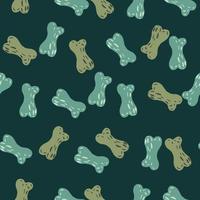 Random seamless pattern with blue and green bone silhouettes print. Dark turquoise background. vector