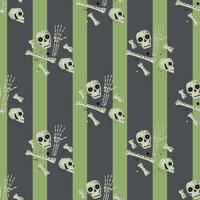 Pirate seamless doodle pattern with hand drawn skull and bones ornament. Green and grey striped background. vector