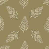 Minimalistic nature seamless autumn pattern with doodle white fern leaf ornament. Light brown background. vector