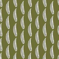White contoured lily of the valley leaf shapes seamless pattern. Green olive background. Simple design. vector