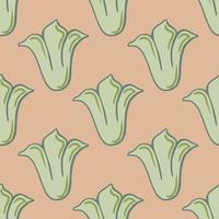 Bloom nature seamless pattern with abstract style simple green tulip buds flowers. Pink background. vector