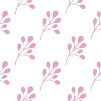 Isolated hand drawn seamless pattern with pink colored eucalyptus leaves print. White background. vector