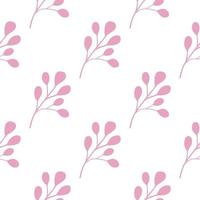 Isolated hand drawn seamless pattern with pink colored eucalyptus leaves print. White background. vector