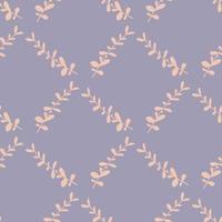 Geometric style seamless pattern with doodle light pink eucalyptus print. Pastel purple background. vector