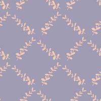 Geometric style seamless pattern with doodle light pink eucalyptus print. Pastel purple background. vector