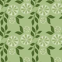 Organic seamless pattern with decorative lemon slices print. Pastel green colors. Random citrus fruit backdrop. vector