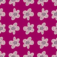 Simple botanic seamless doodle pattern with cute flower shapes. Bright pink background. vector