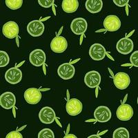 Random bright green apple silhouettes seamless hand drawn pattern. Dark background. Fruit food print. vector