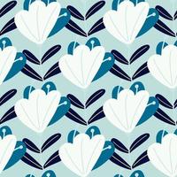 Abstract folk seamless pattern with doodle flower elements print. Blue pastel background. Simple style. vector