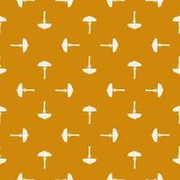 Geometric style seamless pattern with doodle white mushroom shapes. Brown background. vector