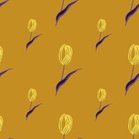 Yellow tulips and purple leaves seamless floral pattern. Orange background. Creative flowers backdrop. vector