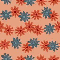 Hand drawn floral seamless pattern with red and blue bright daisy flowers shapes. Pastel pink background. vector