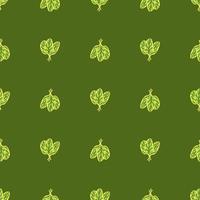 Seamless pattern bunch spinach salad on green background. Minimalistic ornament with lettuce. vector