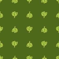 Seamless pattern bunch spinach salad on green background. Minimalistic ornament with lettuce. vector