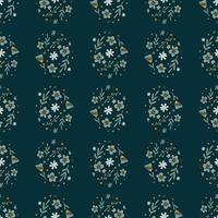 Creative seamless pattern with ditsy little flowers and leaves print. Dark navy blue background. vector
