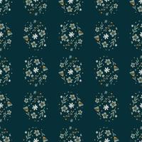 Creative seamless pattern with ditsy little flowers and leaves print. Dark navy blue background. vector