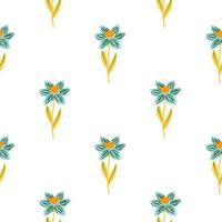 Isolated doodle seamless pattern in simple style with folk flowers blue ornament. White background. Nature artwork. vector