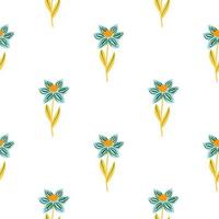 Isolated doodle seamless pattern in simple style with folk flowers blue ornament. White background. Nature artwork. vector