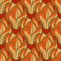 Abstract style floral seamless pattern with orange contoured magnolia flowers print. Red background. vector