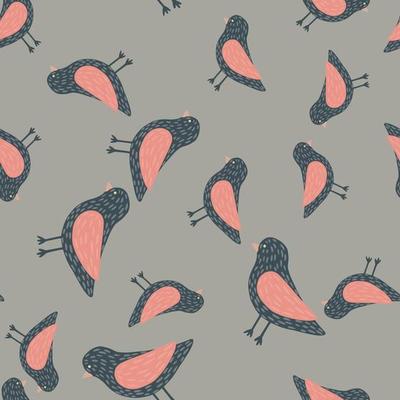 Random seamless pattern with pink colored birds elements print. Grey background. Simple design.