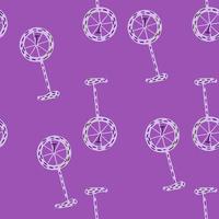 patrón minimalista sin costuras con elementos de bicicleta de garabato impresos. fondo morado telón de fondo simple de circo. vector