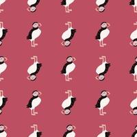 Contrast seamless pattern in ornithology theme with doodle puffin bird shapes. Pink background. vector