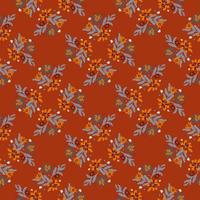 Creative seamless pattern with blue colored branches and flowers outline print on brick colored background. vector
