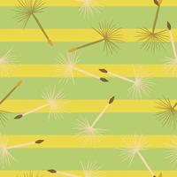 Hand drawn seamless doodle pattern with random dandelion flower shapes. Striped green and yellow background. vector
