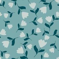 Seamless pattern with random tulip flower hand drawn ornament. Blue palette botanic artwork. vector