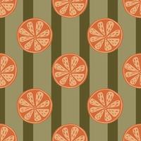 Orange slice seamless pattern in hand drawn style. Green striped background. Summer food backdrop. vector