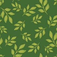 Herbal abstract seamless pattern with random leaf branches shapes. Green background. Foliage ornament. vector