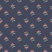 Pink little tulip flowers silhouettes seamless doodle pattern. Navy blue pale background. Botany backdrop. vector