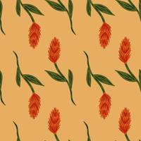 Simple style seamless farm pattern with red doodle ear of wheat ornament. Light pastel orange background. vector