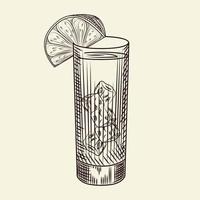 Highball glass of alcohol coctail and lime slice. Glass of lemonade and ice cubes. vector