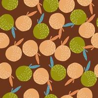 Seamless random patten with decorative apple ornament. Green and orange fruits on brown background. vector