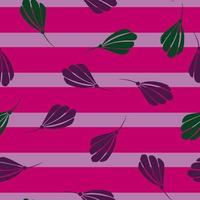 Purple and green abstract cosmea flowers seamless pattern. Pink striped background. Botanic backdrop. vector