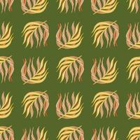 Doodle seamless pattern with palm leaf elements ornament. Green background. Tropical simple backdrop. vector