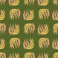 Doodle seamless pattern with palm leaf elements ornament. Green background. Tropical simple backdrop. vector