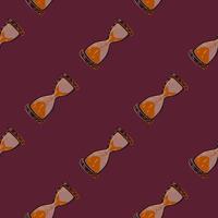 Seamless pattern with doodle orange hourglass elements ornament. Violet dark background. Decor time print. vector