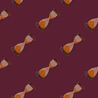 Seamless pattern with doodle orange hourglass elements ornament. Violet dark background. Decor time print. vector