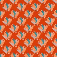 Hand drawn seamless pattern with blue leaf shapes. Bright red background. Vintage nature print. vector