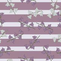 Natural plants seamless pattern with random creative bell flowers elements print. Purple striped background. vector